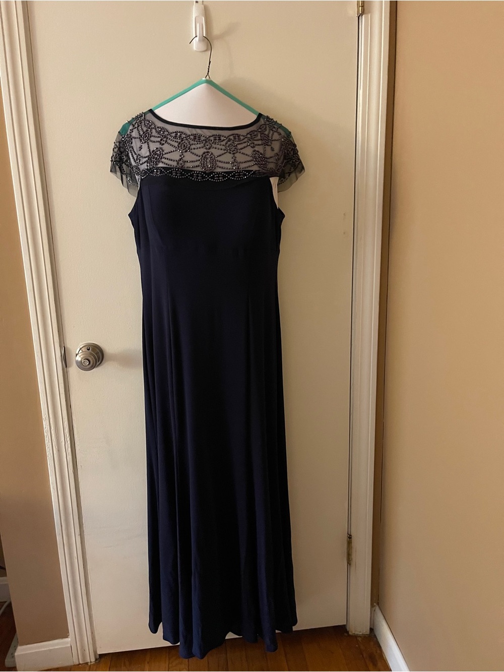 R&M Richards Navy Blue Maxi Dress with Beaded Sheer Yoke